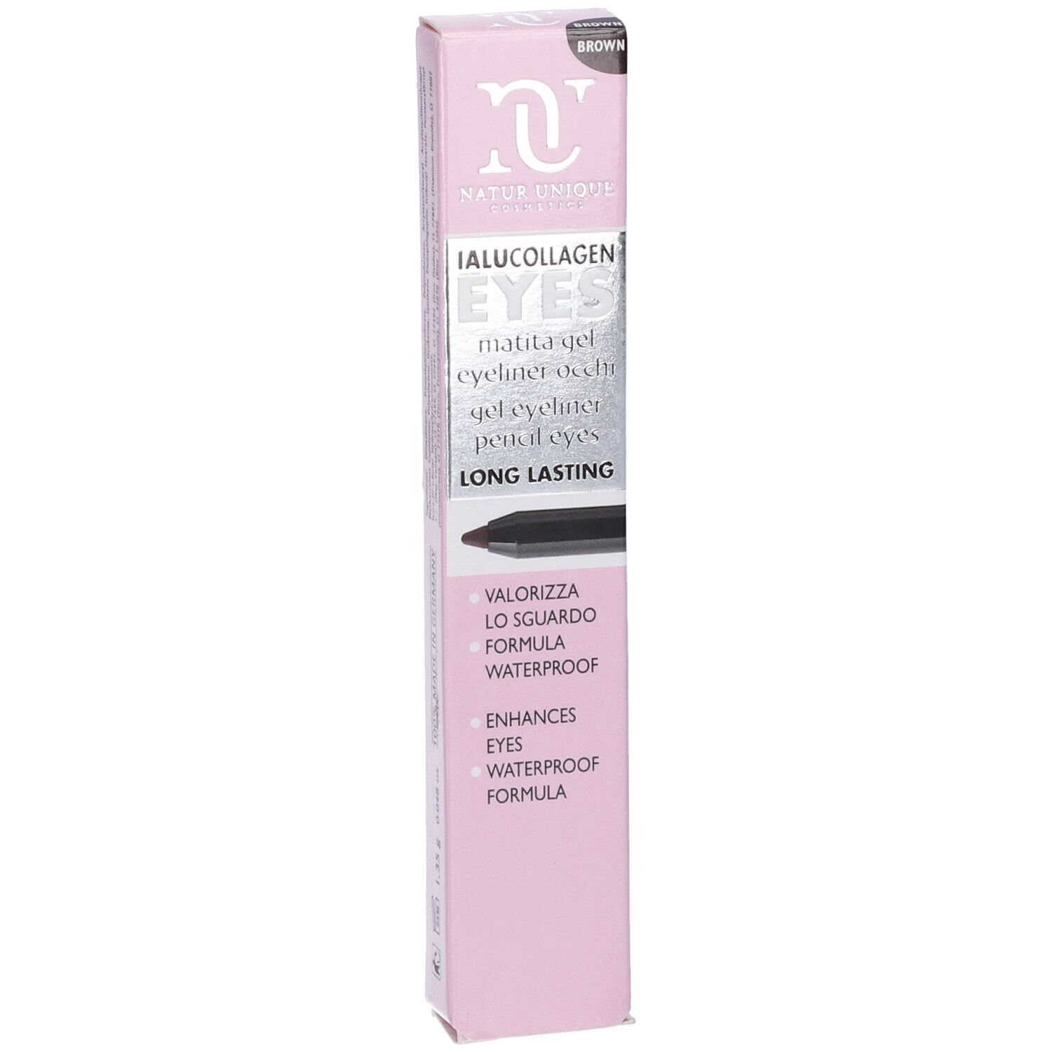 Confezione rosa con matita occhi marrone. Testo: IALUCOLLAGEN EYES, LONG LASTING, WATERPROOF. Marchio: Natur Unique.