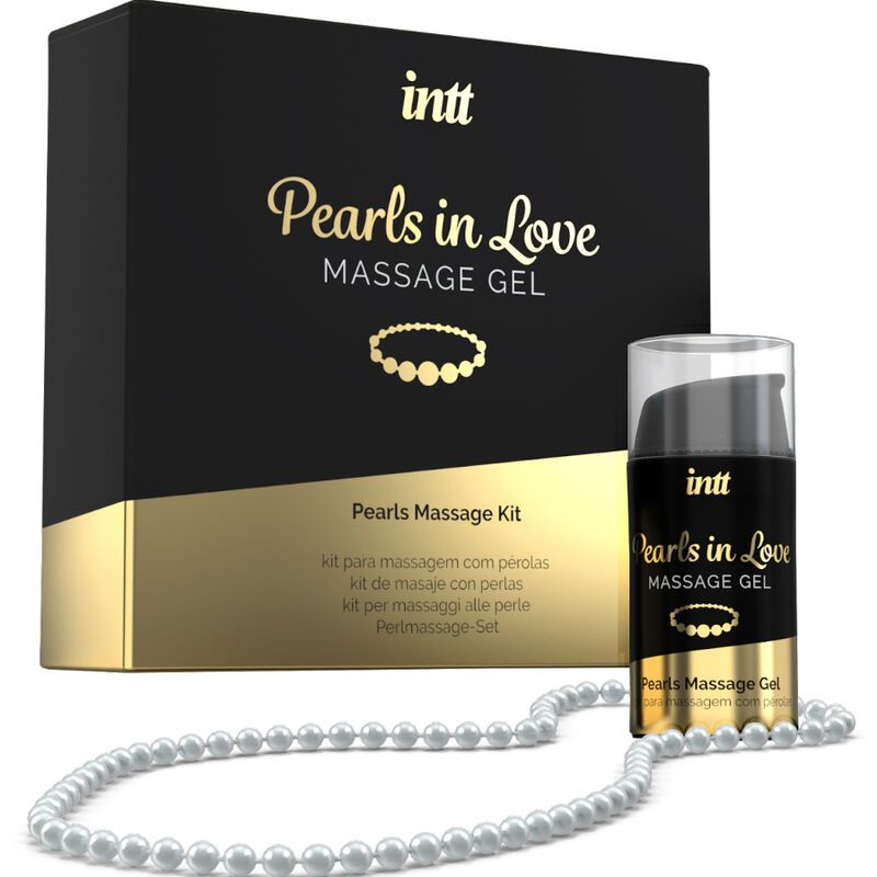 Scatola nera, flacone e collana di perle. Scritta: intt, Pearls in Love Massage Gel. Sottotitolo: Pearls Massage Kit.