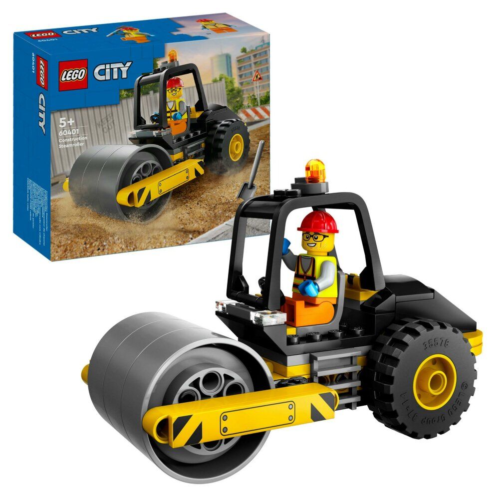 LEGO City 60401. Rullo compressore con personaggio. Nero e giallo. La confezione mostra il set. Per bambini dai 5 anni.