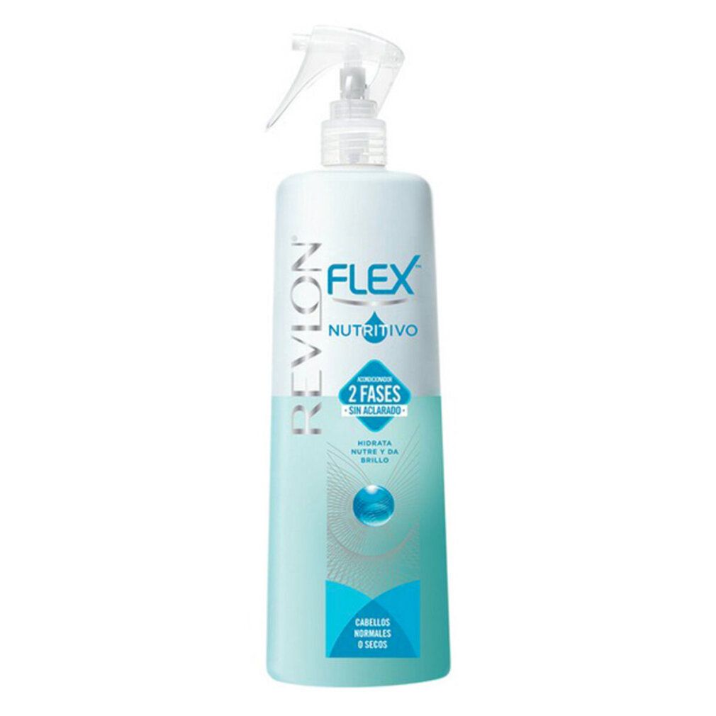 Flacone spray bianco-azzurro con logo "Revlon Flex" e scritta "2 Fases". Per capelli normali e secchi.