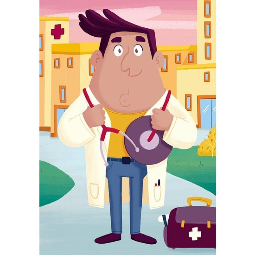 Illustrazione di un medico con stetoscopio e borsa medica. Sfondo: edificio ospedaliero.