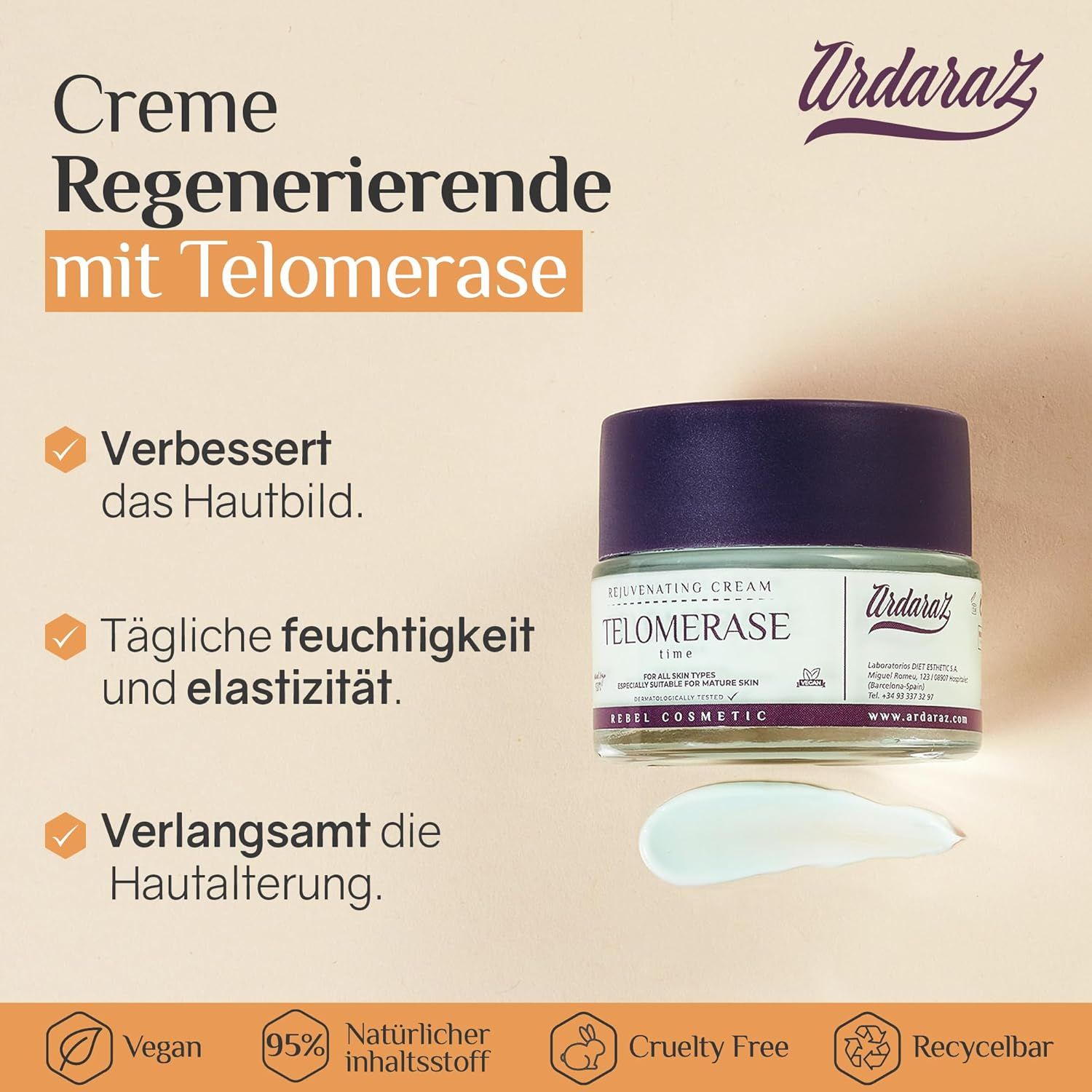 Vasetto di crema con coperchio. Scritta: TELOMERASE, REJUVENATING CREAM. Testo: Migliora la pelle. Vegan, Cruelty Free.