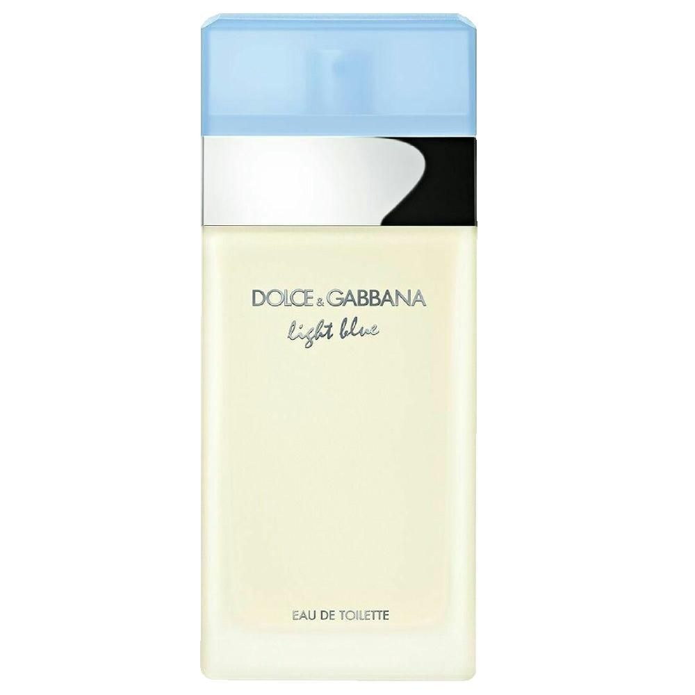 Flacone Dolce & Gabbana Light Blue. Tappo azzurro, anello argentato, liquido trasparente. Eau de Toilette.