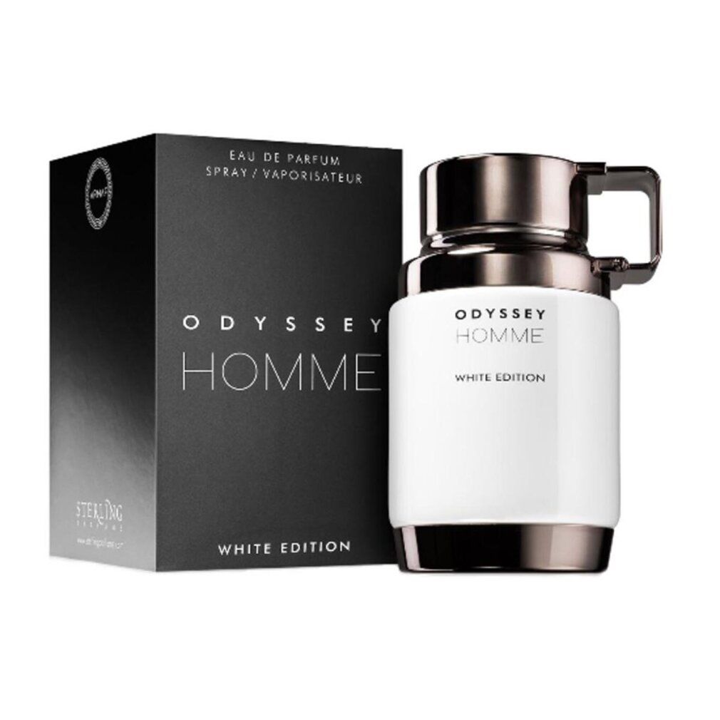 Flacone bianco con tappo e manico neri, accanto a una scatola nera. Scritta: Odyssey Homme White Edition. Eau de Parfum Spray.