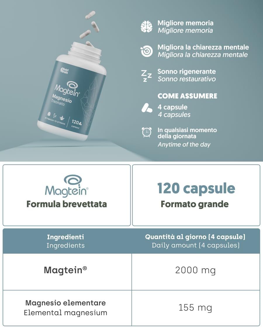 Barattolo Magtein Magnesio Treonato, 120 capsule, con informazioni su ingredienti e dose giornaliera.