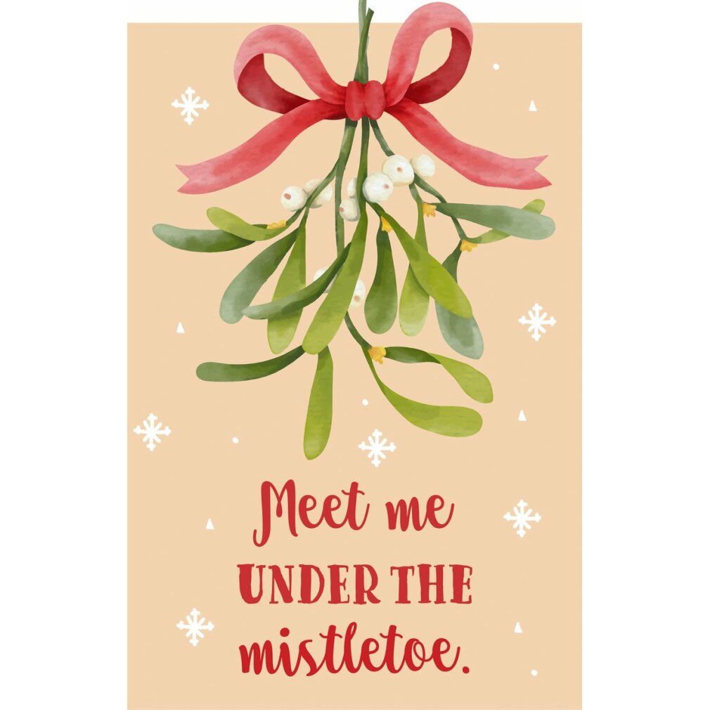 Illustrazione di vischio con fiocco rosso. Testo: Meet me under the mistletoe. Sfondo: beige.