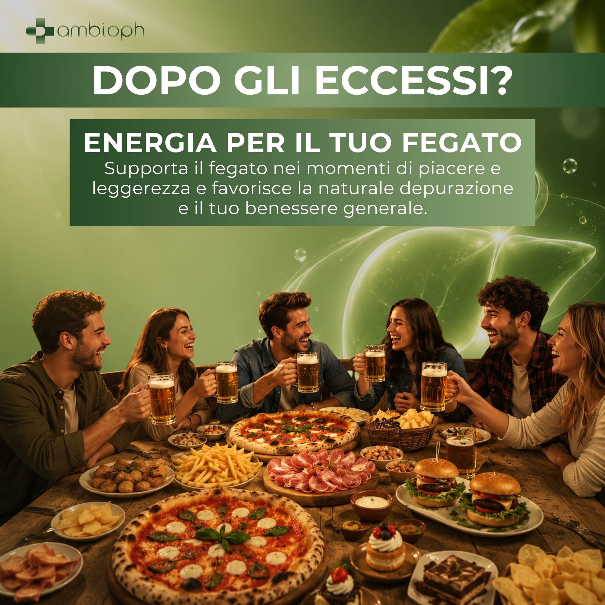 Gruppo di amici che festeggia con cibo e bevande, testo sul supporto epatico.