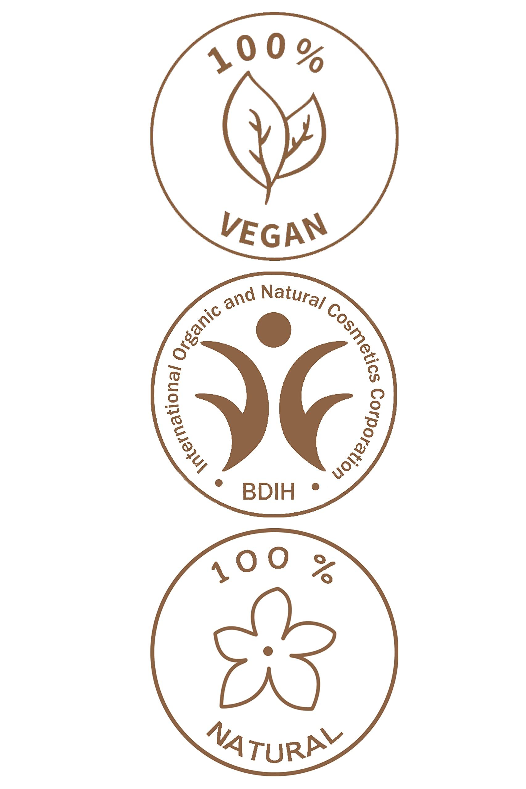 Tre sigilli rotondi. In alto: 100% Vegan. Centro: sigillo BDIH per cosmetici naturali. In basso: 100% Naturale.