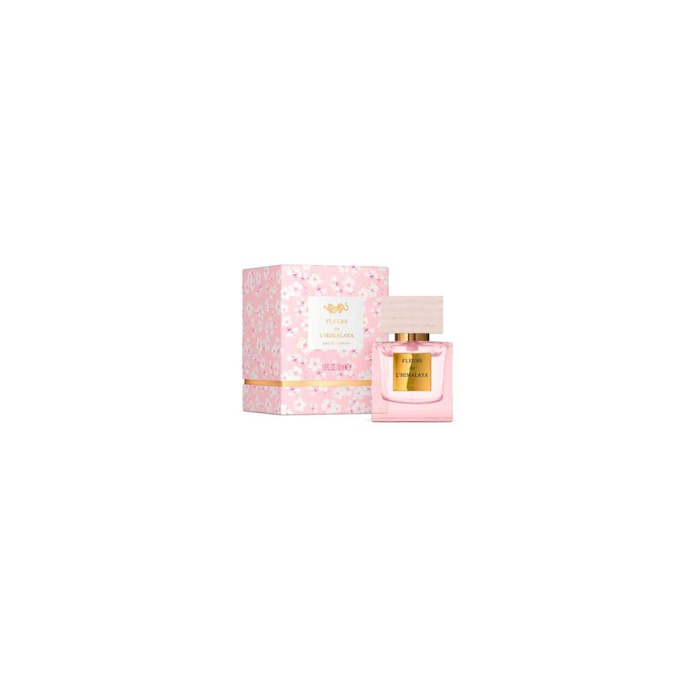 Flacone rosa con tappo in legno e scatola rosa con decorazioni floreali. Scritta: Fleurs de L'Himalaya Eau de Parfum.