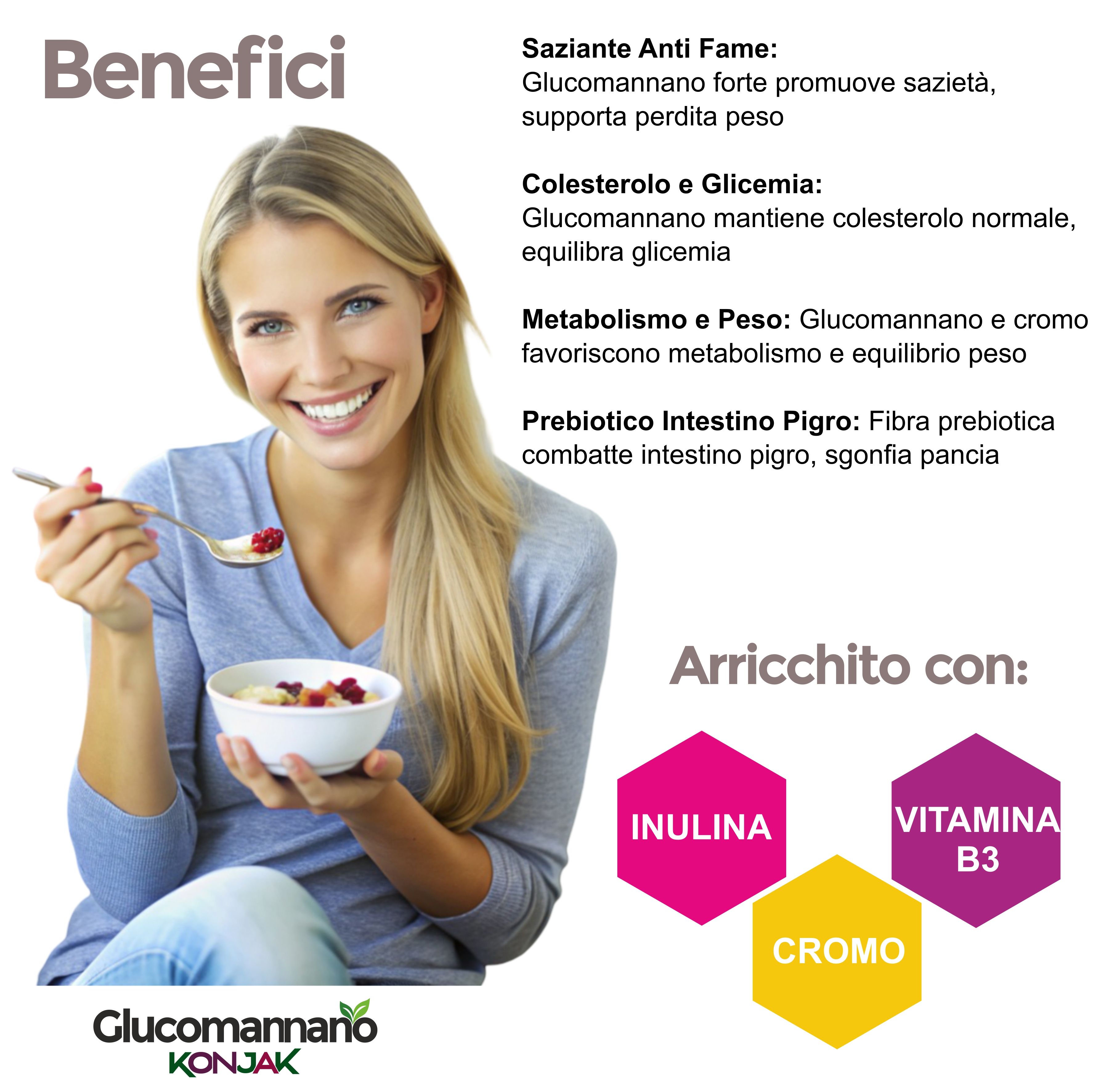Donna mangia cereali. Testo: sazietà, colesterolo, metabolismo. Inulina, cromo, vitamina B3.