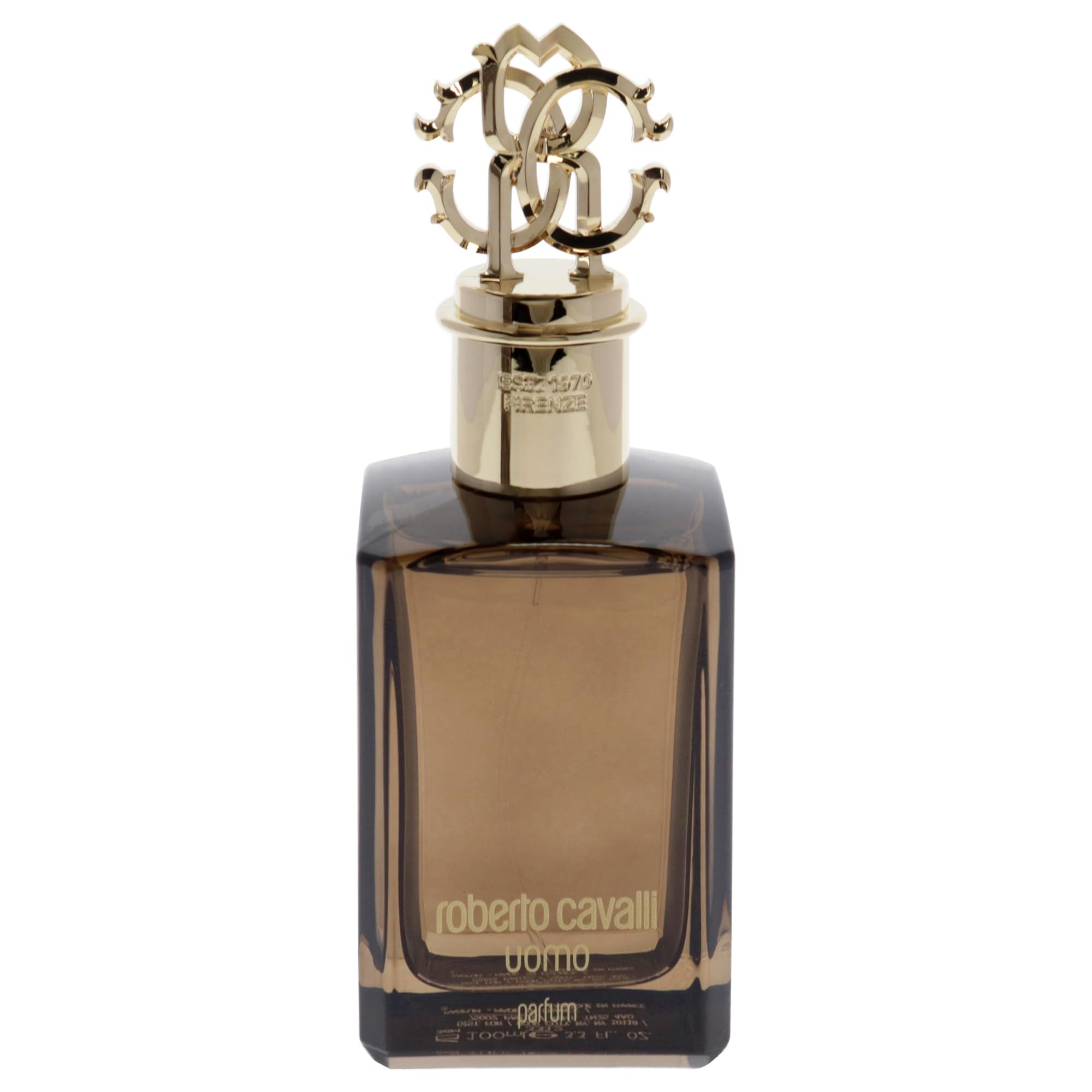 Flacone di profumo marrone con tappo dorato. Forma quadrata, tappo dorato con logo. Scritta 'uomo'.