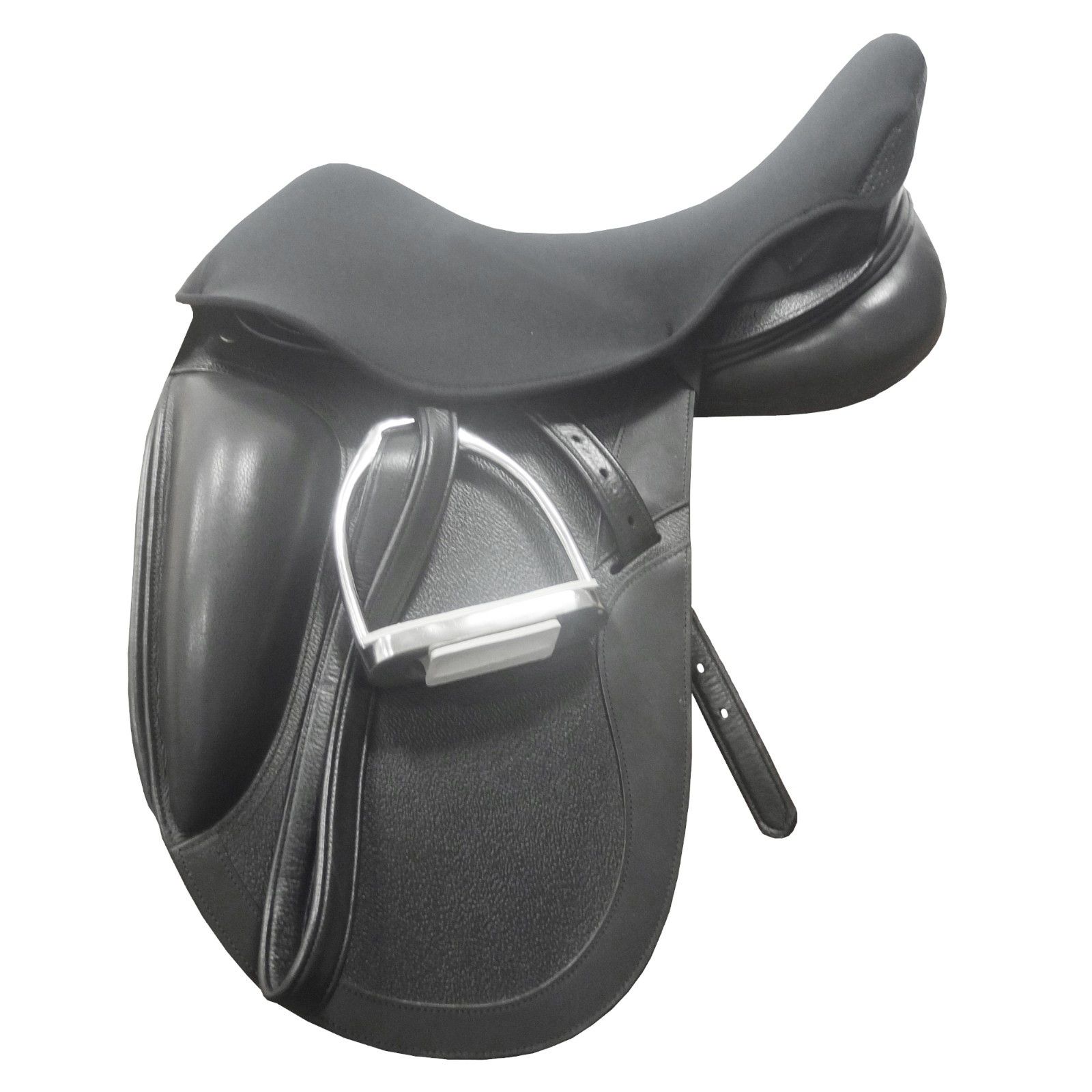 Sella nera con staffa. Inserto EQuest Coprisella in neoprene. Pelle e metallo.