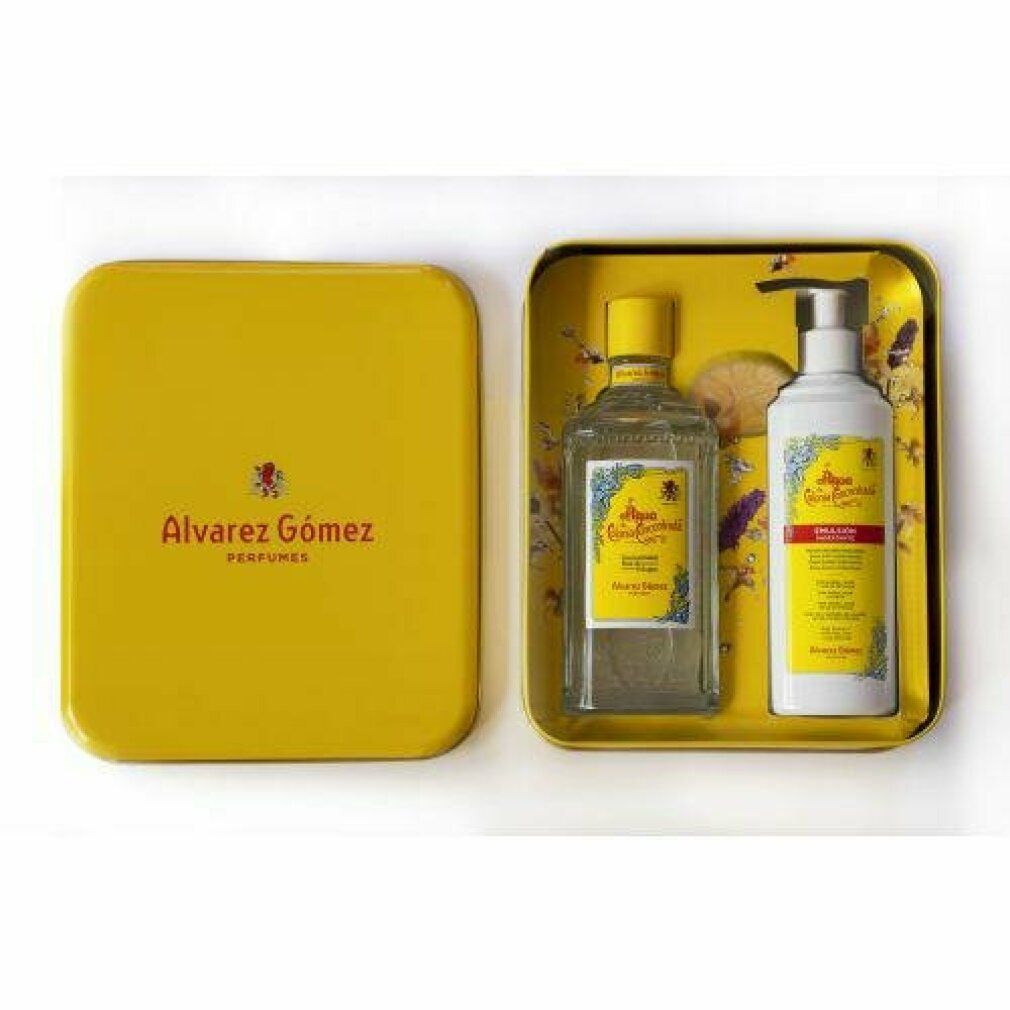 Confezione regalo gialla Alvarez Gómez con flacone e dispenser. Etichette gialle. Marchio e nome visibili.