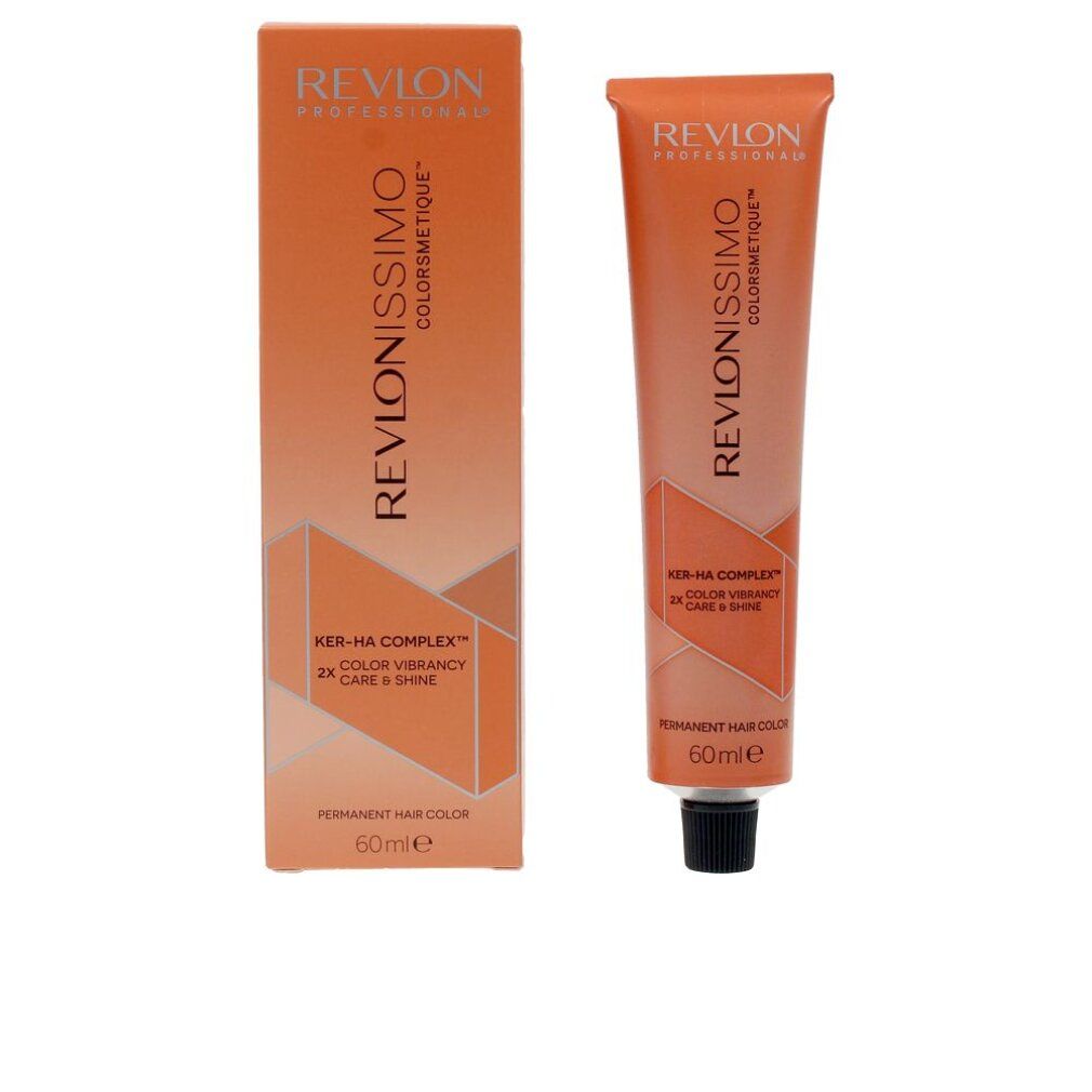 Colorazione per capelli Revlonissimo Colorsmetique. Tubo e scatola arancioni. Testo: Ker-Ha Complex, Color Vibrancy, 60ml.
