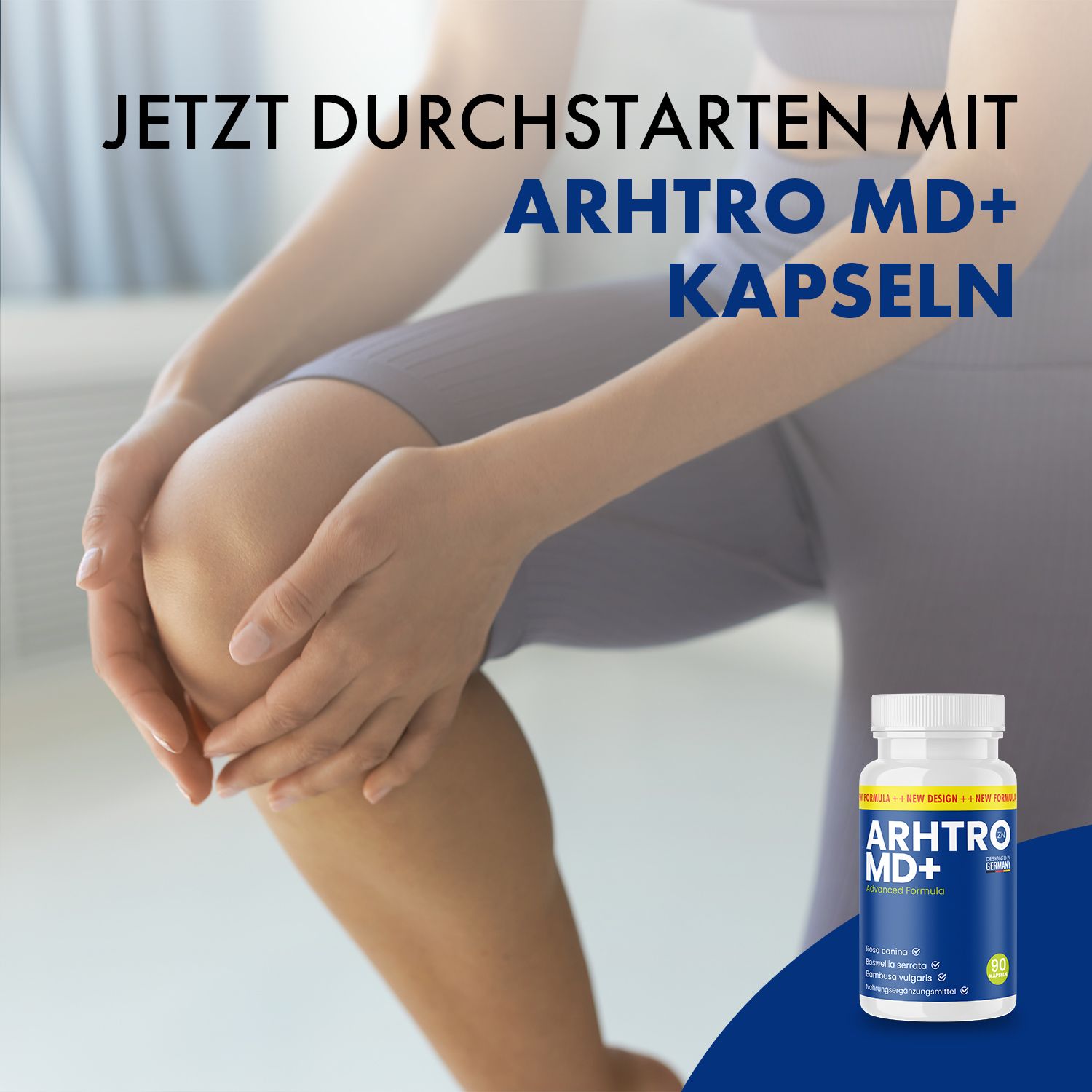 Ginocchio di una persona. Testo: INIZIA ORA CON LE CAPSULE ARHTRO MD+. Piccola immagine: Flacone di capsule ARHTRO MD+.