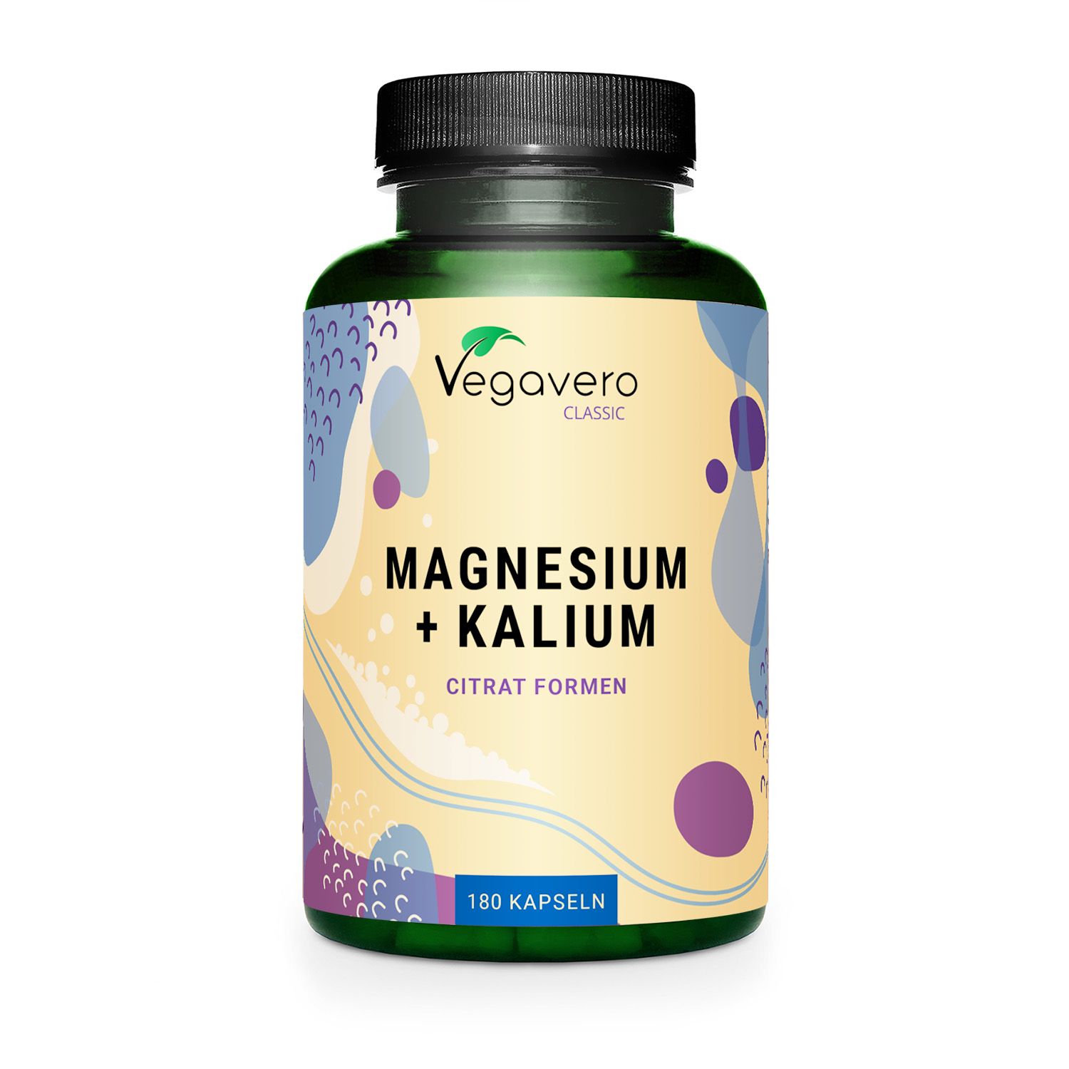 Flacone verde con tappo nero. Scritta: Magnesio + Potassio, Forme di citrato. 180 capsule. Marchio Vegavaro.