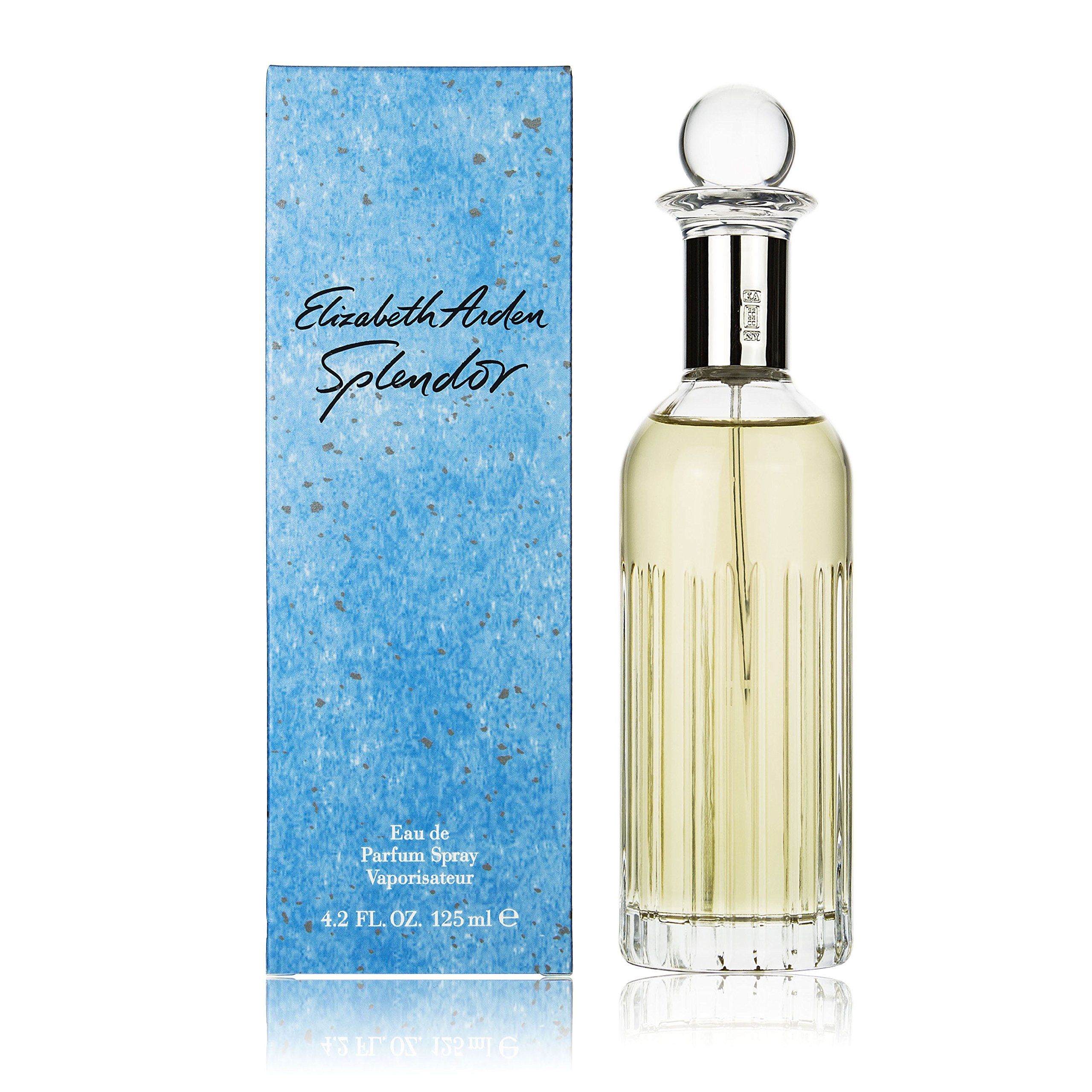 Flacone di profumo accanto alla scatola. Flacone con tappo in vetro. Scatola con scritta: Elizabeth Arden Splendor. Testo: Eau de Parfum Spray.