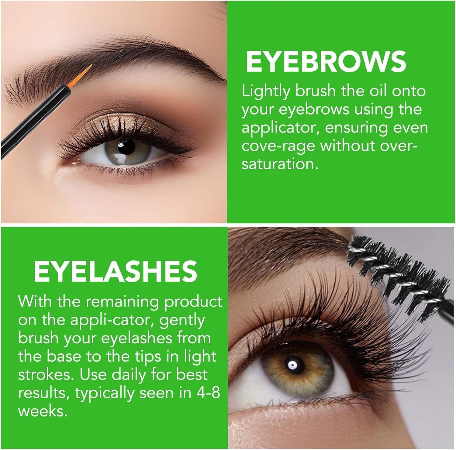 Primo piano di occhi e ciglia. Applicatore. Scritta: Sopracciglia, ciglia. Istruzioni per l'uso.