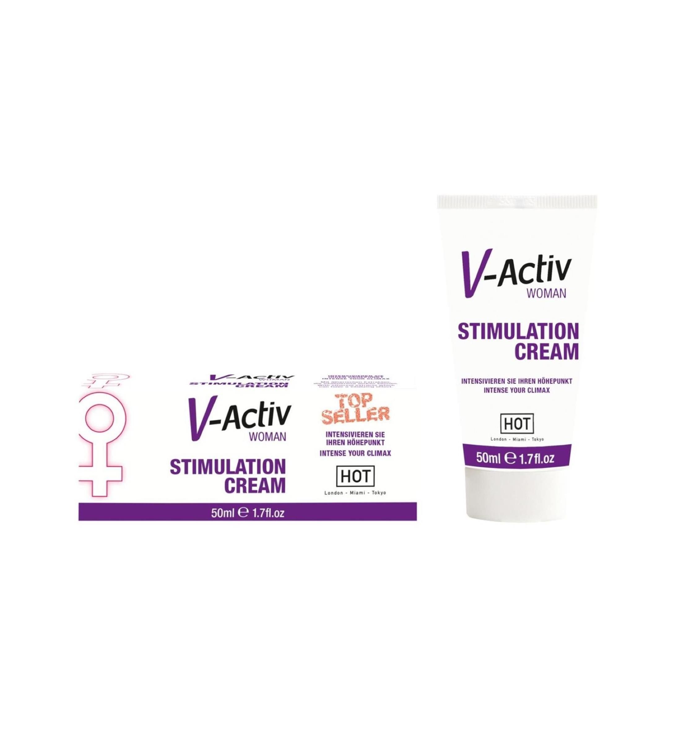 Crema stimolante in tubo e scatola. Scritta: V-Activ Woman, Stimulation Cream, Hot. Con simbolo femminile.