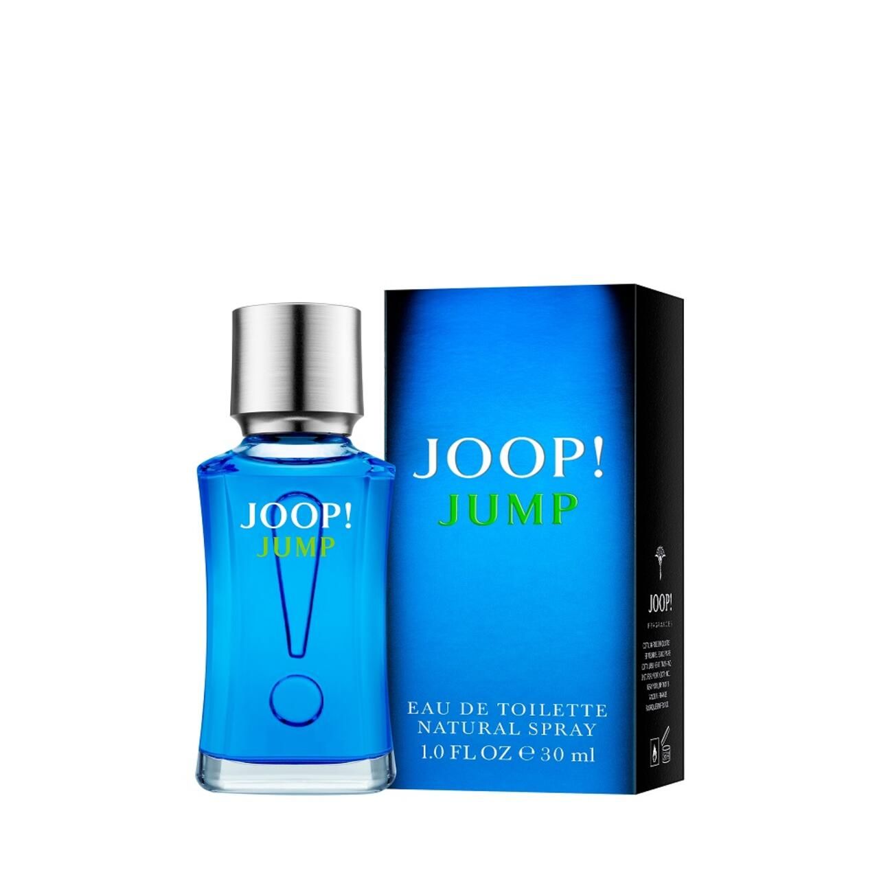 Flacone di profumo blu e confezione. Scritta JOOP! JUMP. Testo: Eau de Toilette Natural Spray.