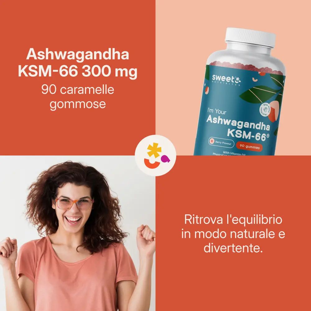 Donna sorridente con occhiali. Accanto, una bottiglia con 90 caramelle gommose. Testo: Ashwagandha KSM-66, 300 mg.