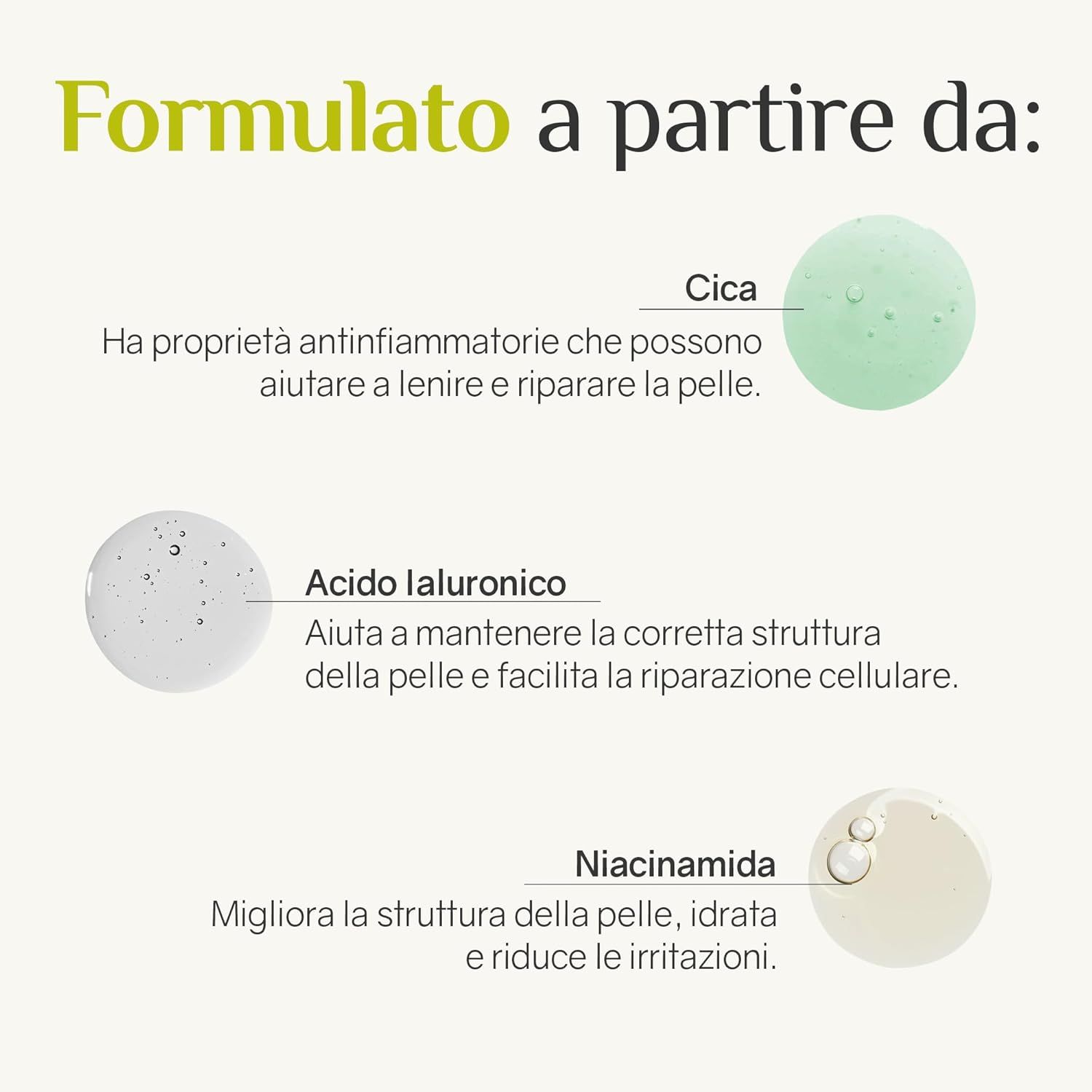 Grafica con ingredienti: Cica, acido ialuronico, niacinamide. Descrizioni delle proprietà e dei benefici.
