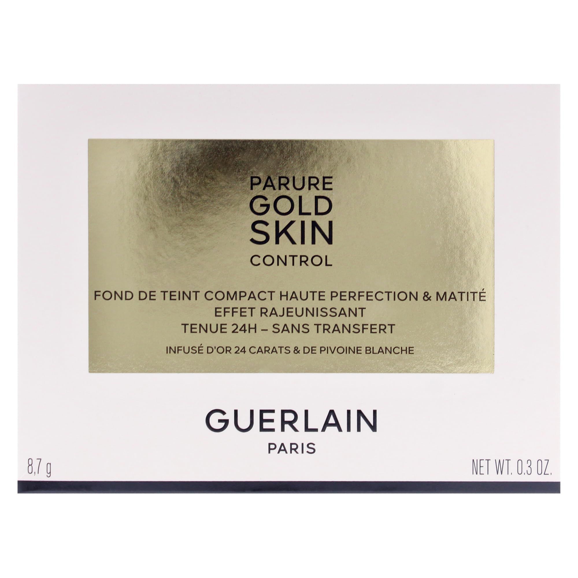 Confezione di cipria compatta. Stampa dorata: Parure Gold Skin Control. Marchio Guerlain. Testo: Fond de teint compact.