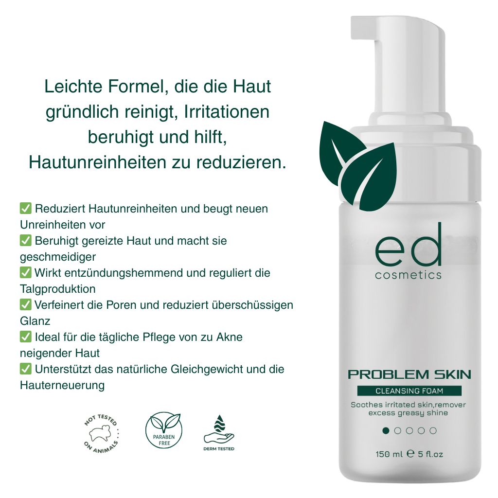 Flacone bianco con pompa. Scritta: ed cosmetics, PROBLEM SKIN CLEANSING FOAM. Testo e foglie verdi.