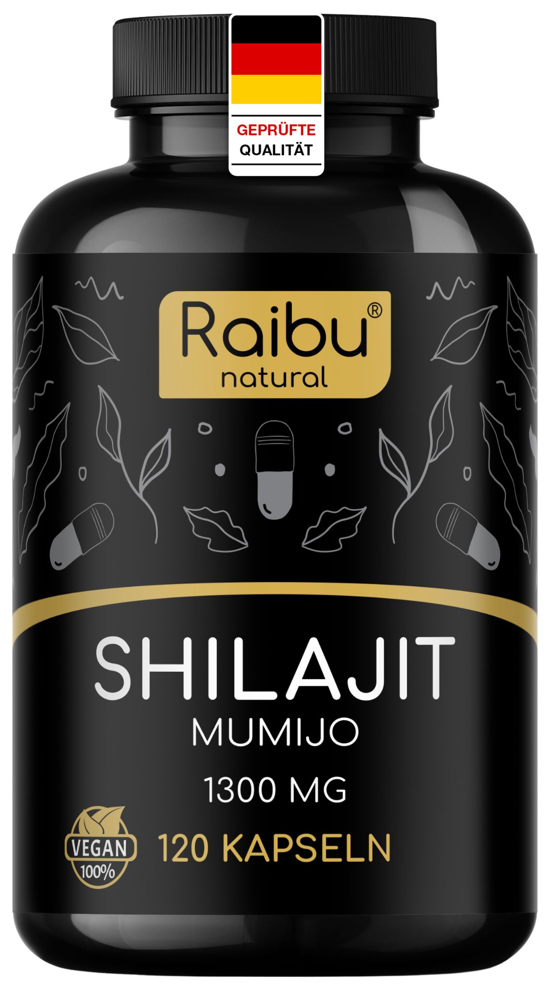 Flacone nero di capsule. Scritta: Shilajit Mumijo 1300 MG, 120 capsule. Sigillo vegano. Certificato di qualità.