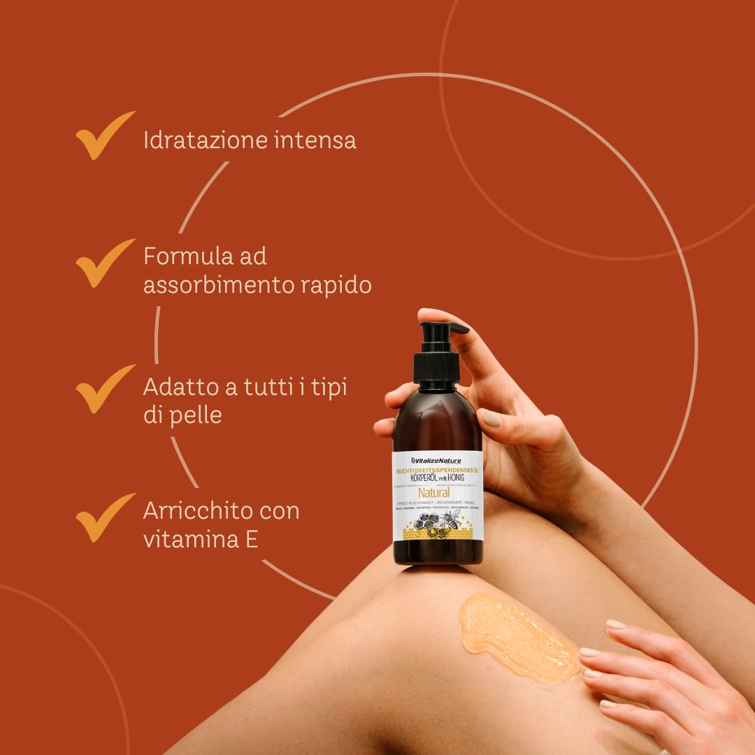 Sei cerchi di ingredienti: miele, mandorle, uva, avocado, girasole, vitamina E.