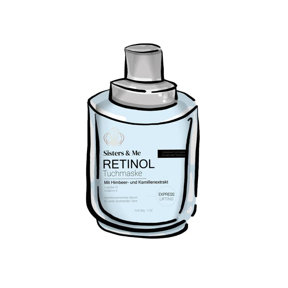 Immagine di una maschera in tessuto al retinolo. Confezione azzurra con nome del prodotto e ingredienti. Coperchio grigio.