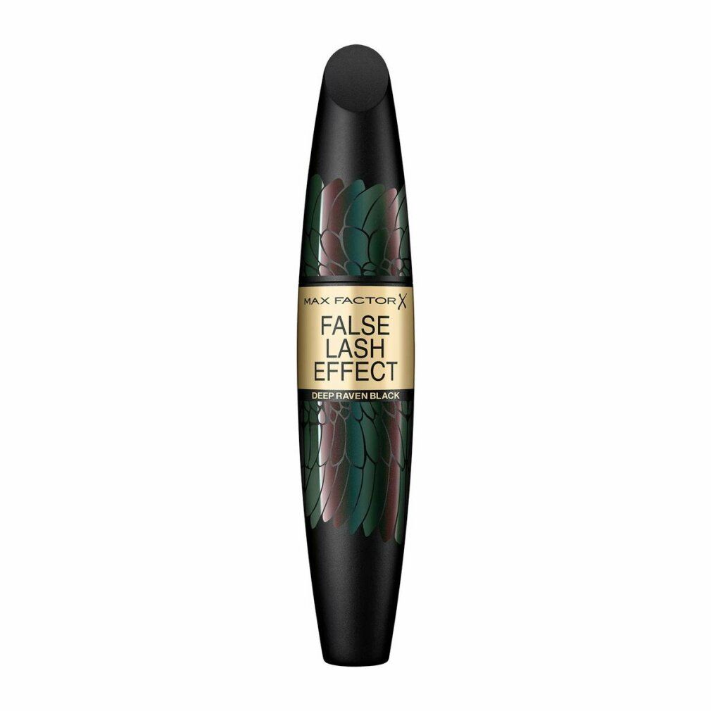 Tubo mascara nero con scritta dorata. Decorazione piume. "False Lash Effect" e "Deep Raven Black".