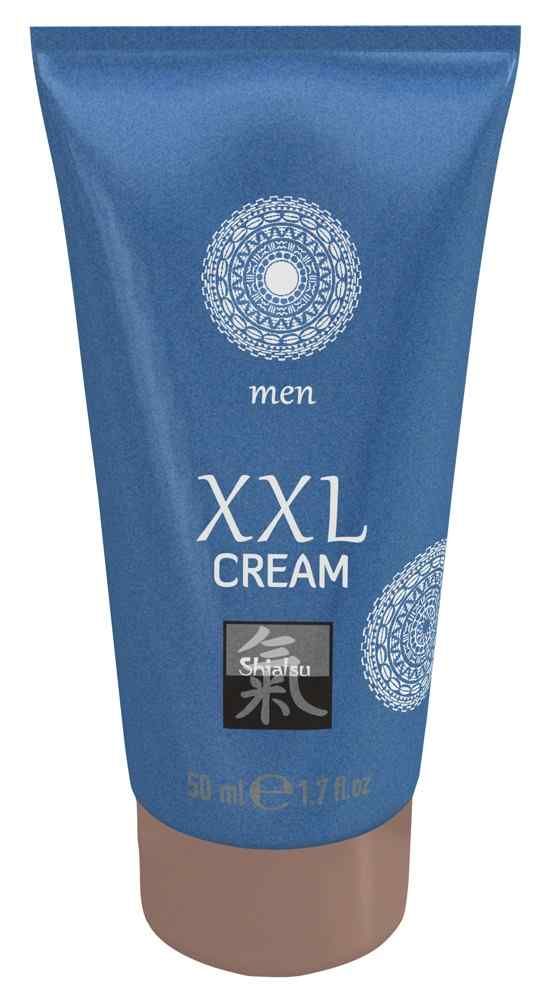 Tubo blu con scritta "XXL CREAM", logo "Shiatsu" e "men". Chiusura marrone. 50 ml.