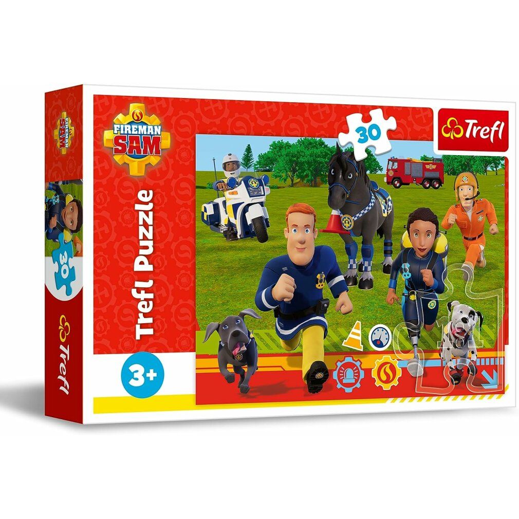 Scatola puzzle Sam il pompiere. Scritta: 30 pezzi, logo Trefl. Immagine dei pezzi con personaggi e veicoli.