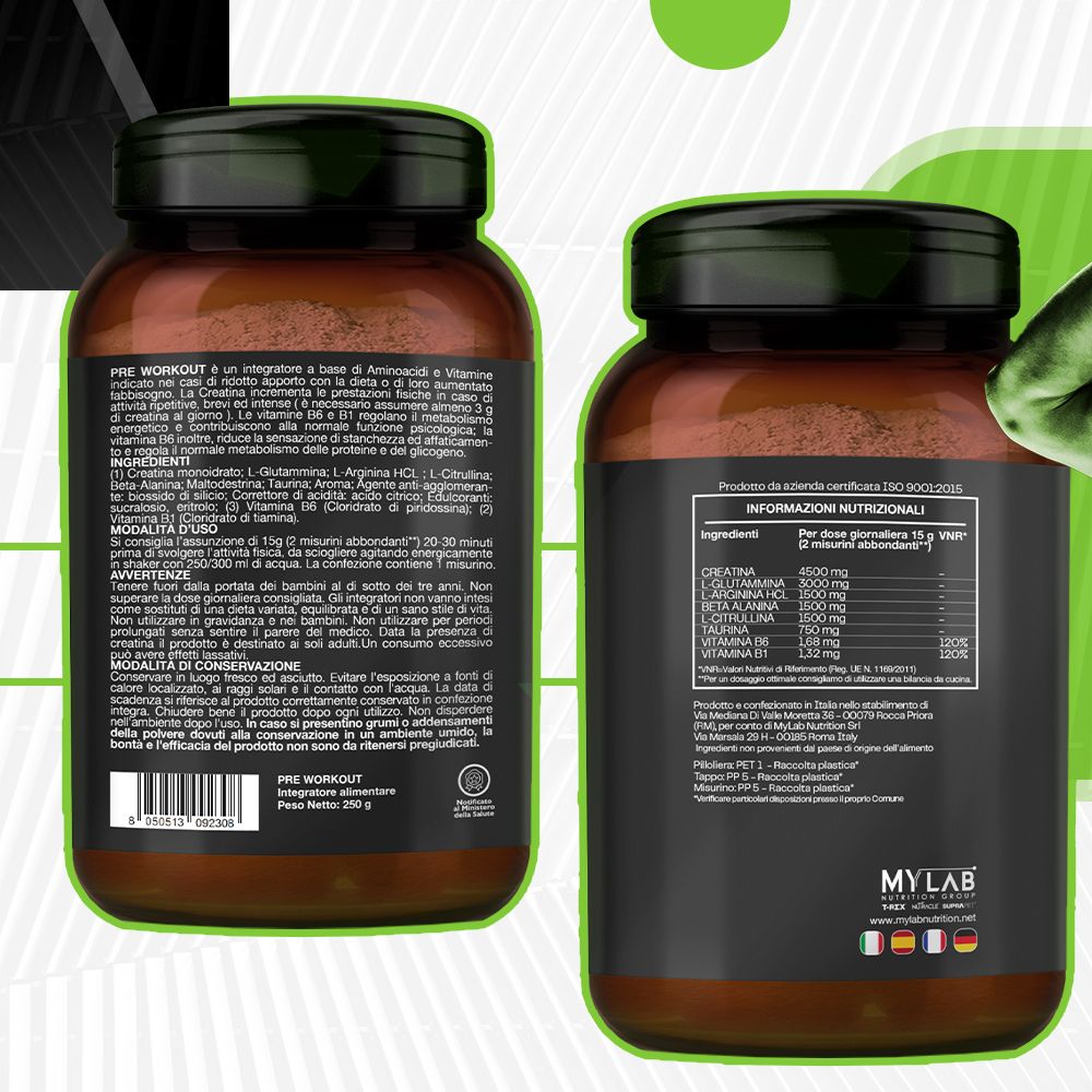 Due barattoli 'Pre Workout'. Retro con ingredienti e informazioni nutrizionali. Certificazione ISO 9001.