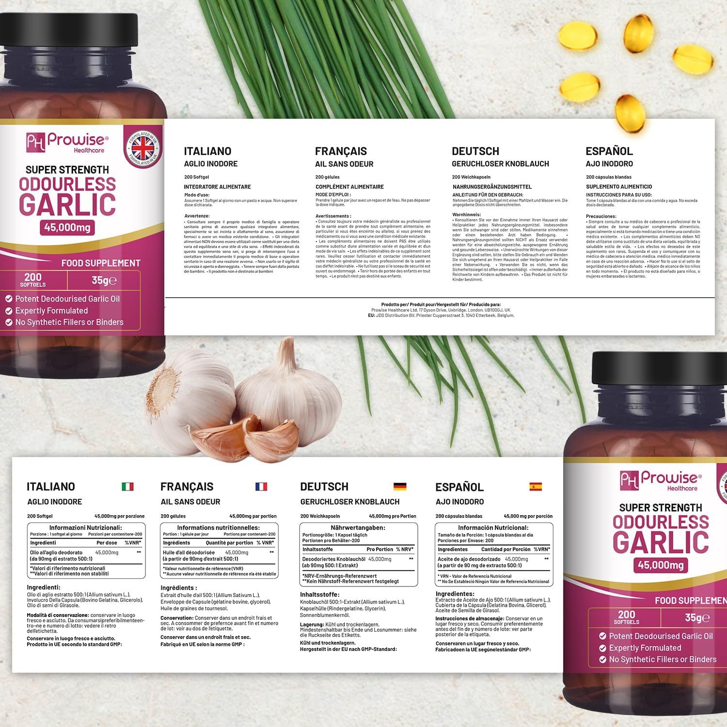 Due flaconi di capsule. Scritta: Super Strength Odourless Garlic. 200 softgels, 45.000mg. Integratore alimentare. Testo multilingue.