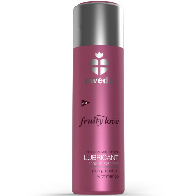 Flacone di lubrificante Swede Fruity Love con tappo argentato ed etichetta rosa.
