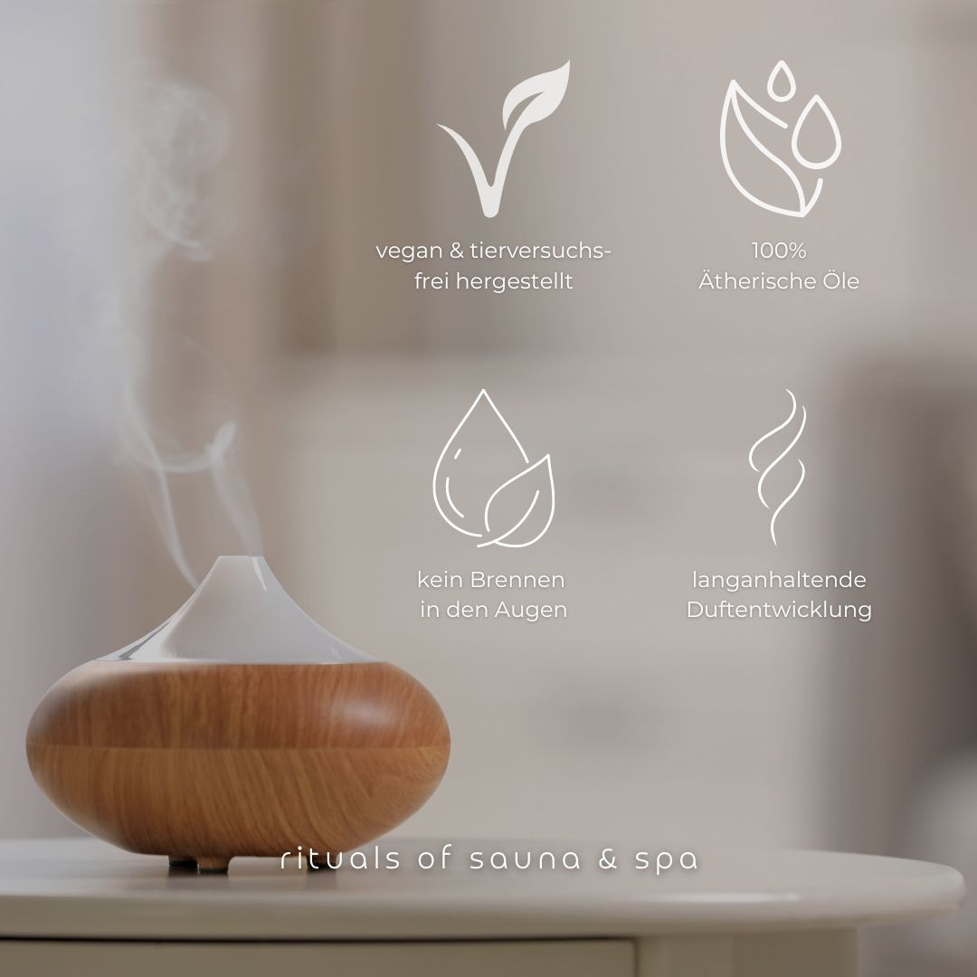 Diffusore di aromi in legno e bianco. Simboli per vegano, 100% oli essenziali, nessuna irritazione agli occhi, profumo duraturo. Scritta: rituals of sauna & spa.