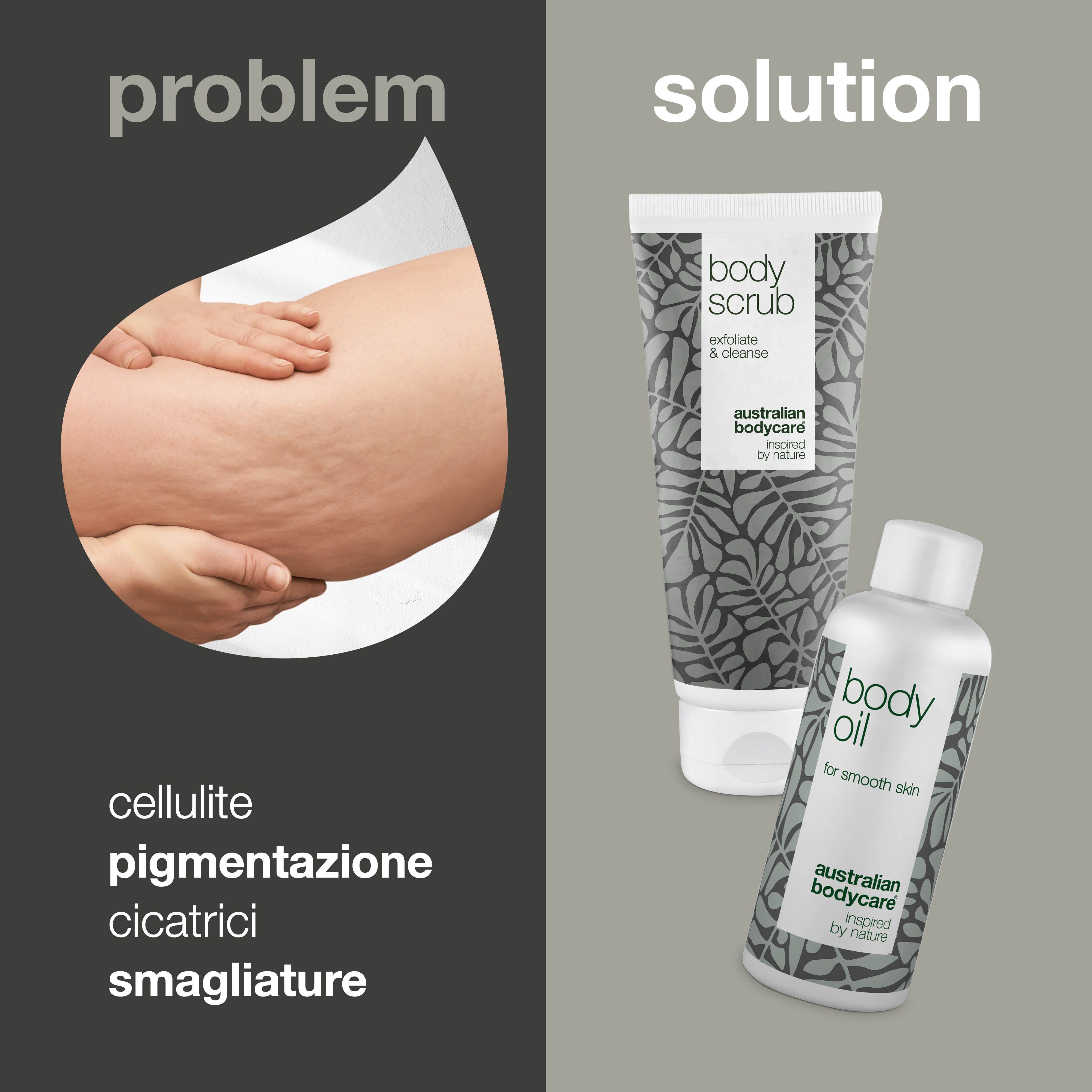 Problema: cellulite, pigmentazione, cicatrici, smagliature. Soluzione: Body Scrub e Body Oil. Testo: Australian Bodycare.