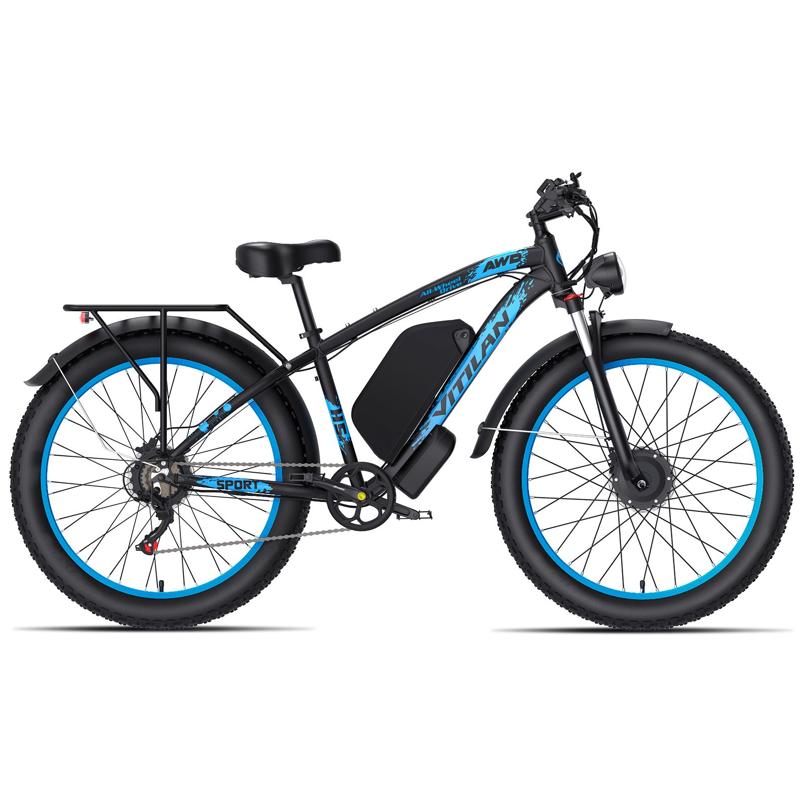 E-bike nera con cerchi blu. Marchio Vitilan. Portapacchi e faro visibili.