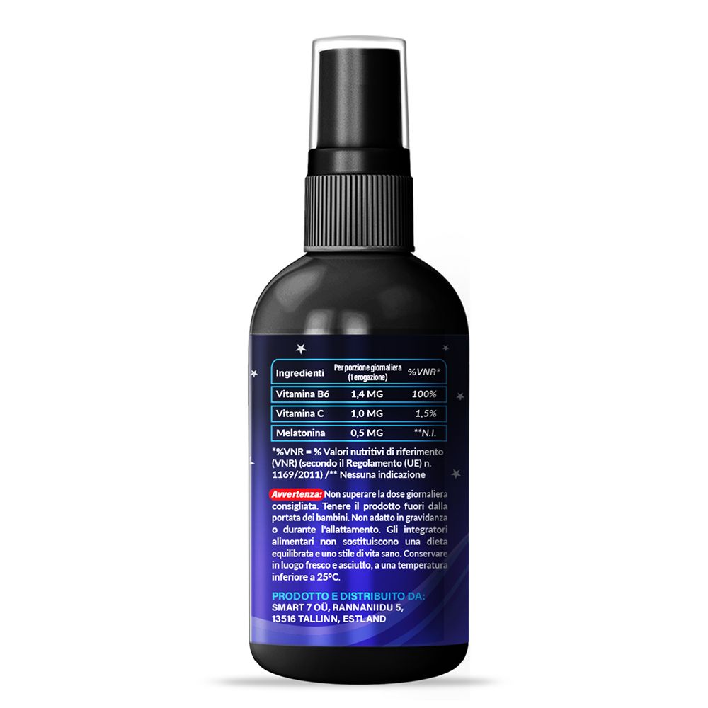 Retro del flacone spray. Informazioni nutrizionali per dose giornaliera. Contiene vitamina B6, C e melatonina. Avvertenza.