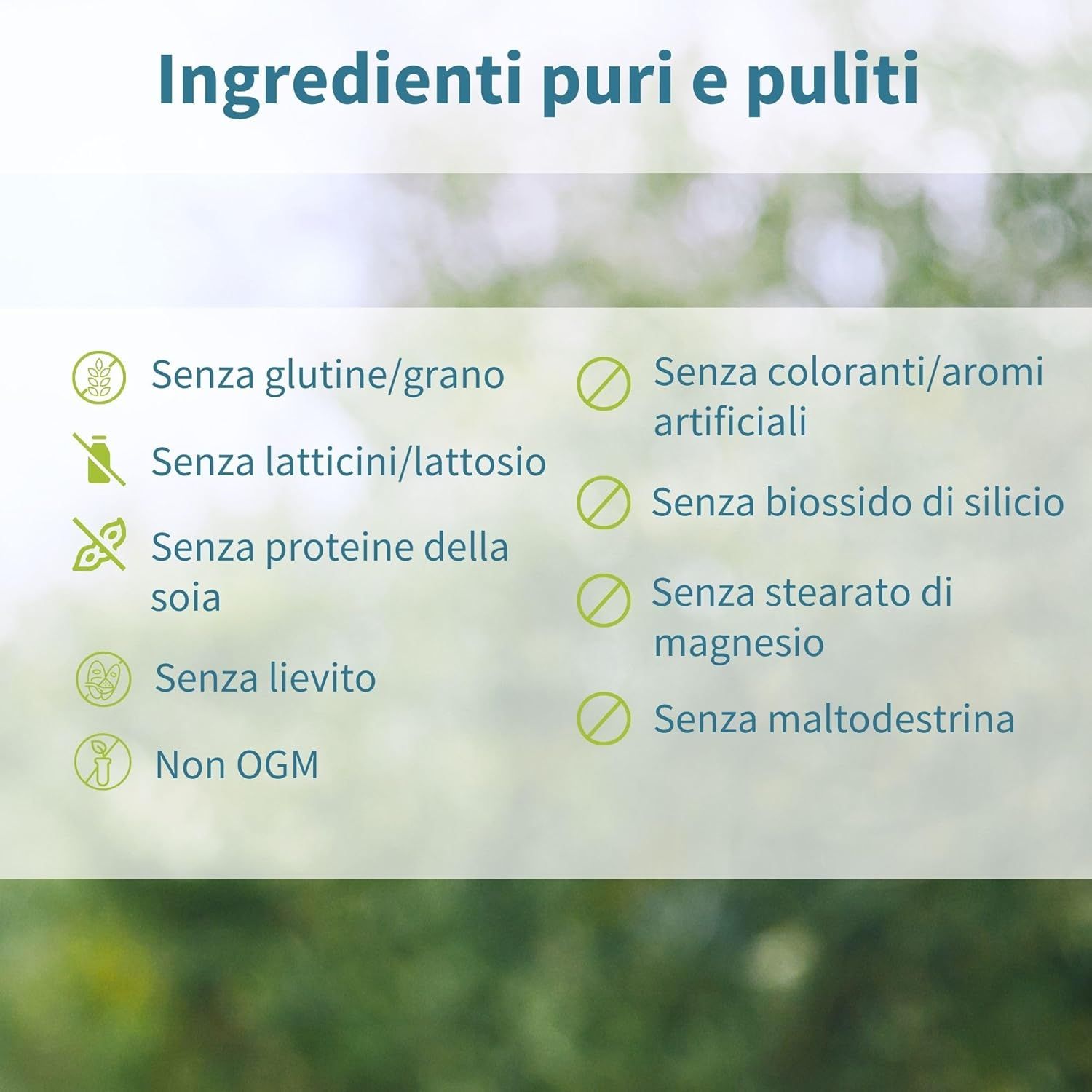 Elenco degli ingredienti. Senza glutine/grano, latte/lattosio, proteine della soia, lievito, OGM.