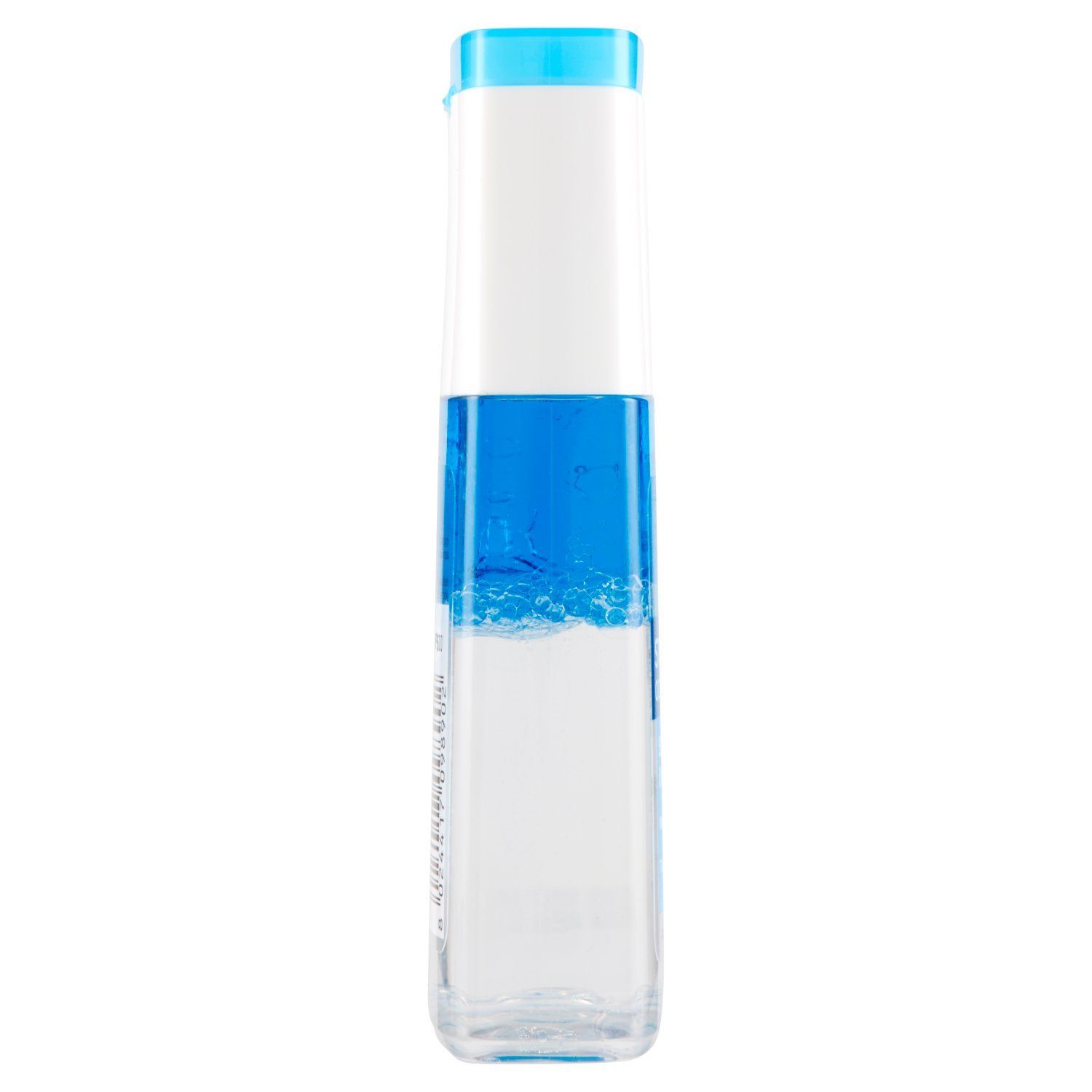 L'Oréal Struccante Bifase per Occhi, flacone con liquido blu e bianco. Vista verticale.