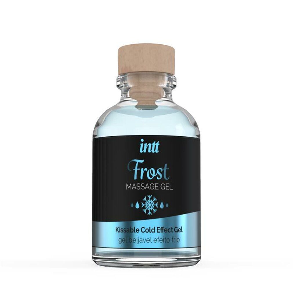 Flacone in vetro con etichetta blu. "intt Frost Massage Gel". Tappo in legno. Kissable Cold Effect Gel.