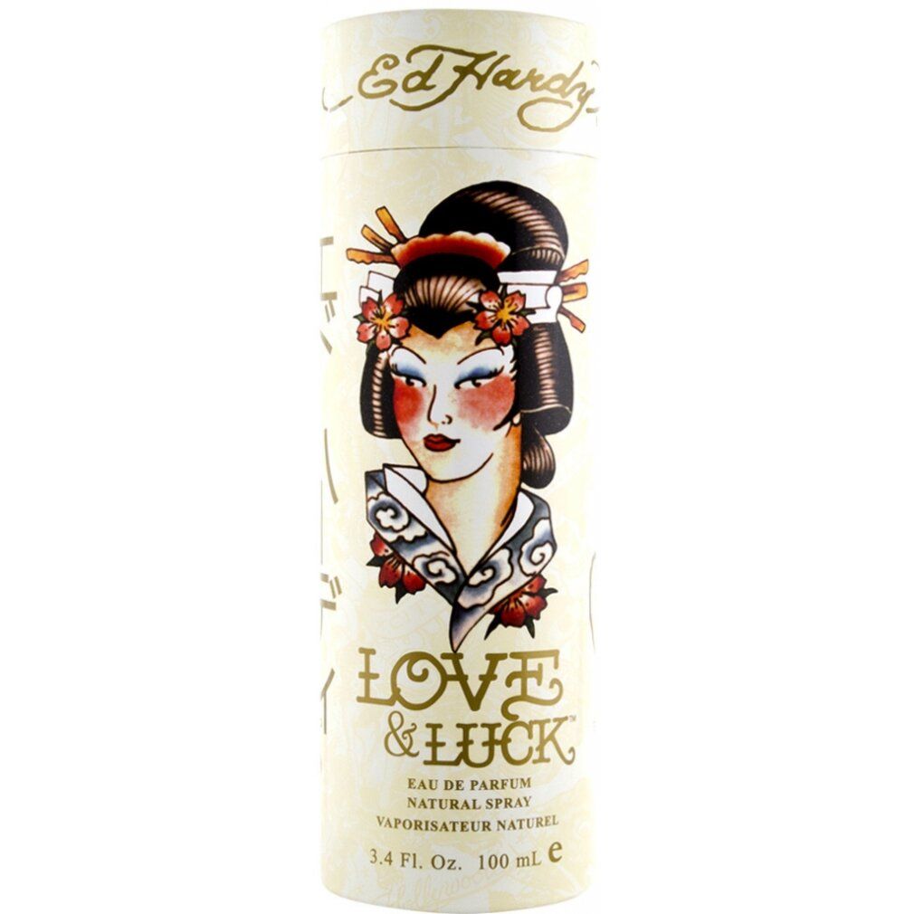 Flacone di profumo e confezione. Illustrazione di geisha con scritta "Love & Luck". Design beige e dorato.