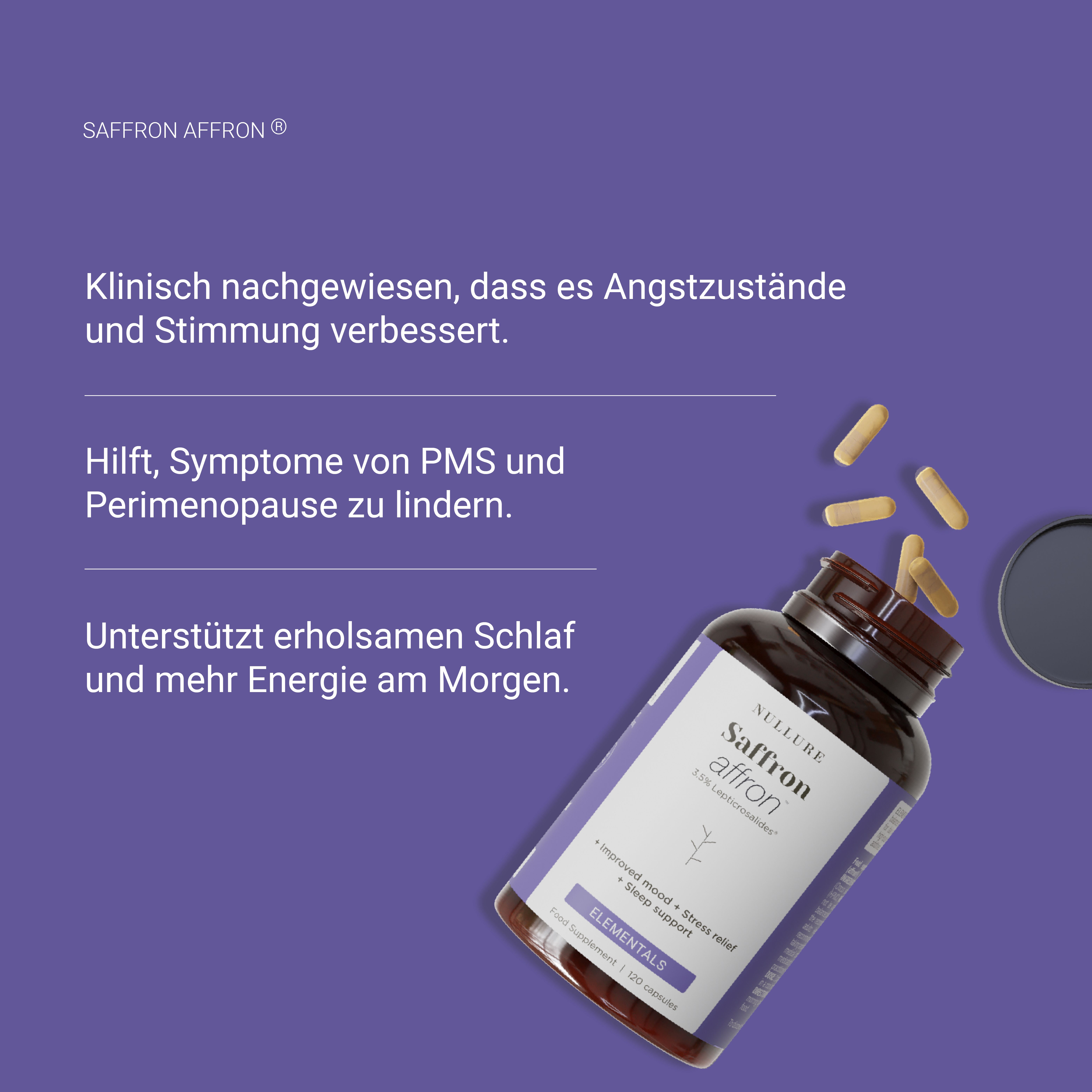 Capsule marroni e flacone. Scritta: Nullure Safran affron. Aiuta con la sindrome premestruale e la perimenopausa.