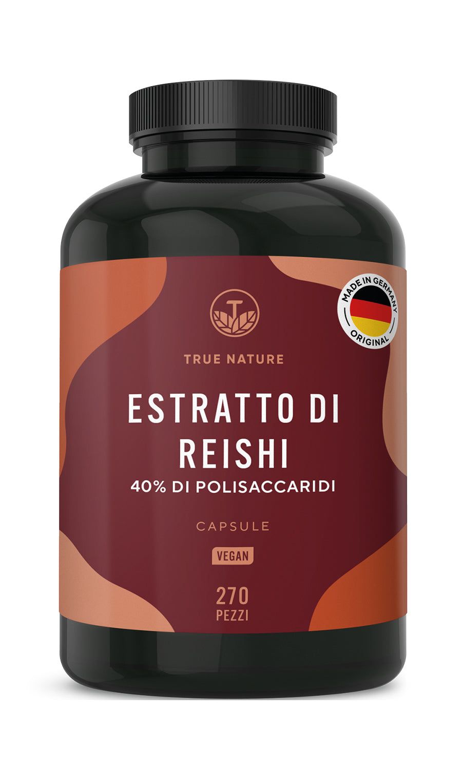 Flacone marrone con capsule. Testo: Estratto di Reishi, 40% di polisaccaridi, capsule, vegano, 270 pezzi.