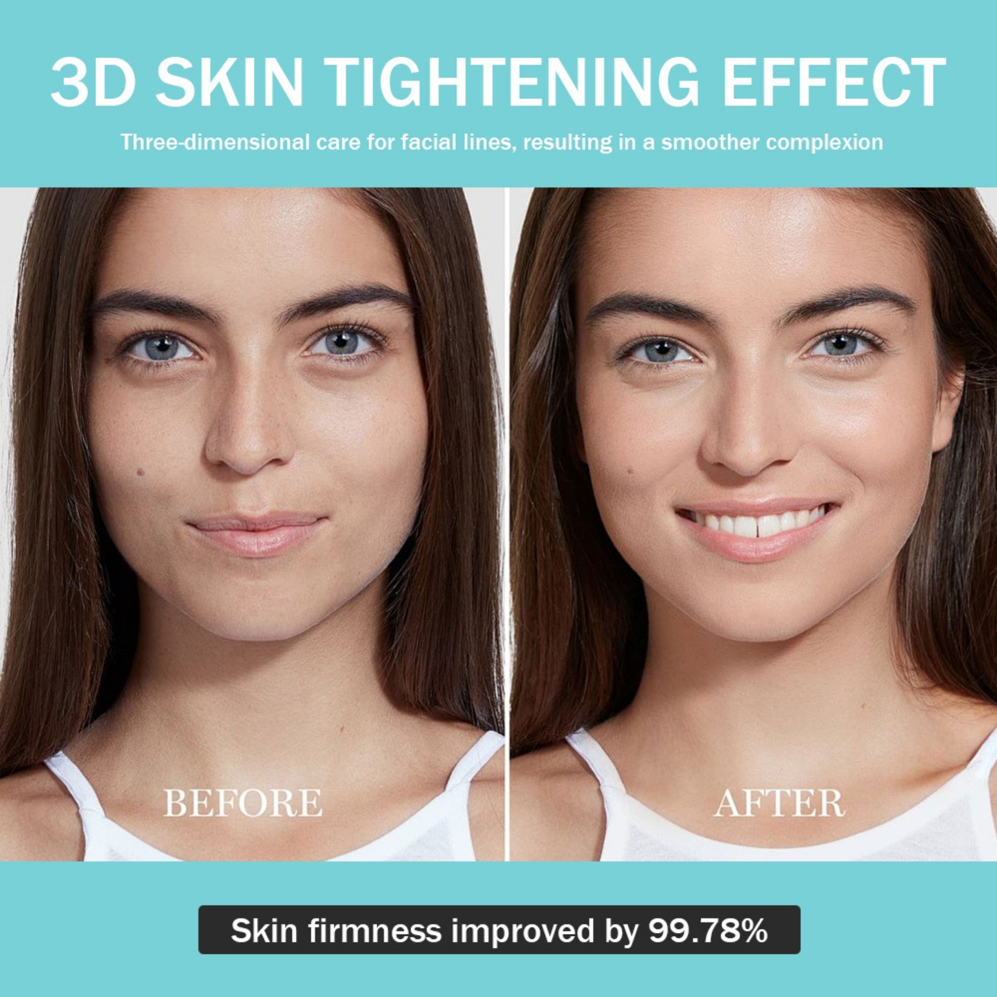 Confronto prima-dopo di volti. Testo: 3D Skin Tightening Effect. Miglioramento della compattezza della pelle del 99,78%.