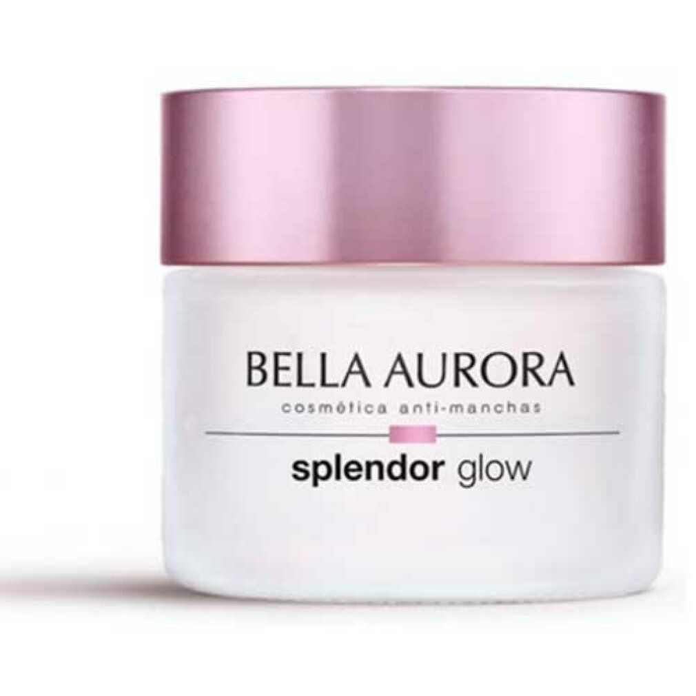 Vasetto di crema con coperchio rosa. Scritta: BELLA AURORA, splendor glow.