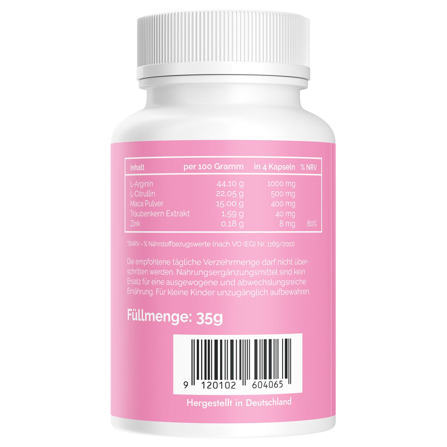 Retro di un flacone bianco. Etichetta rosa con informazioni nutrizionali e codice a barre. Contenuto: 35g. Prodotto in Germania.